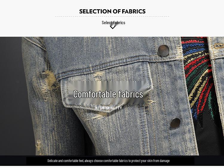 Men's Retro Ripped Washed Jacquard Denim Jacket - Casual & Cool