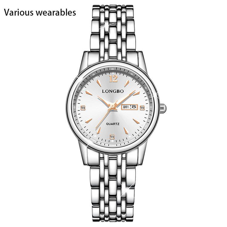 Damklocka med stålarmband, casual quartz-klocka med dubbel kalender