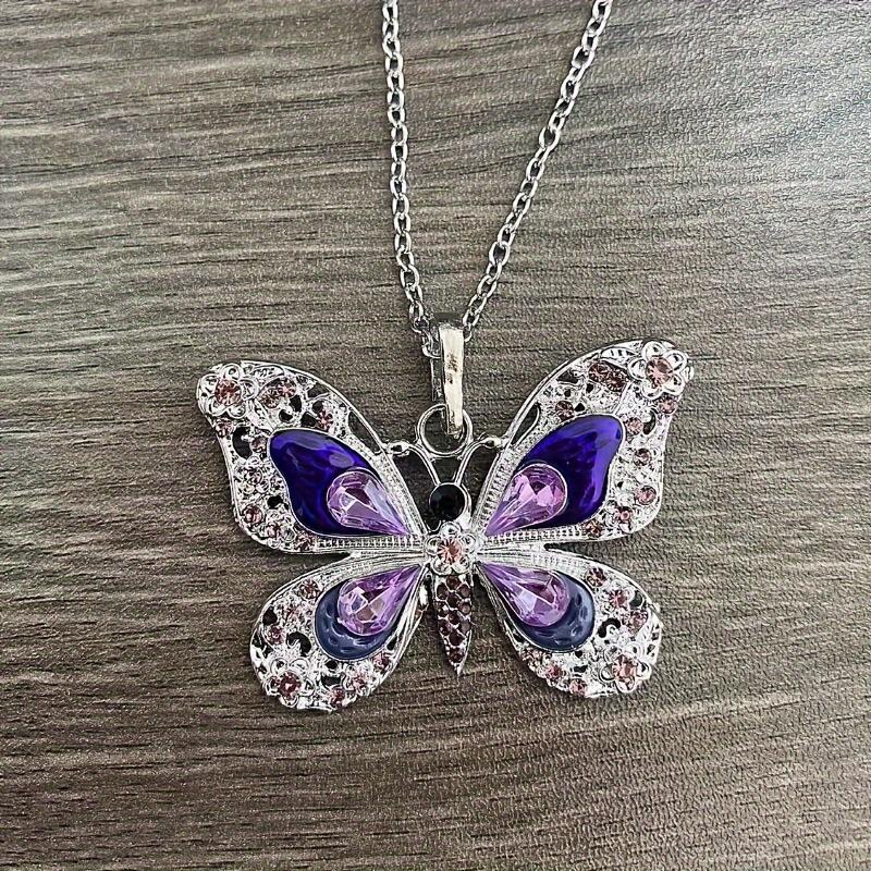 Retro Multicolor Rhinestones Butterfly Pendant Necklace Silver Plated Jewelry
