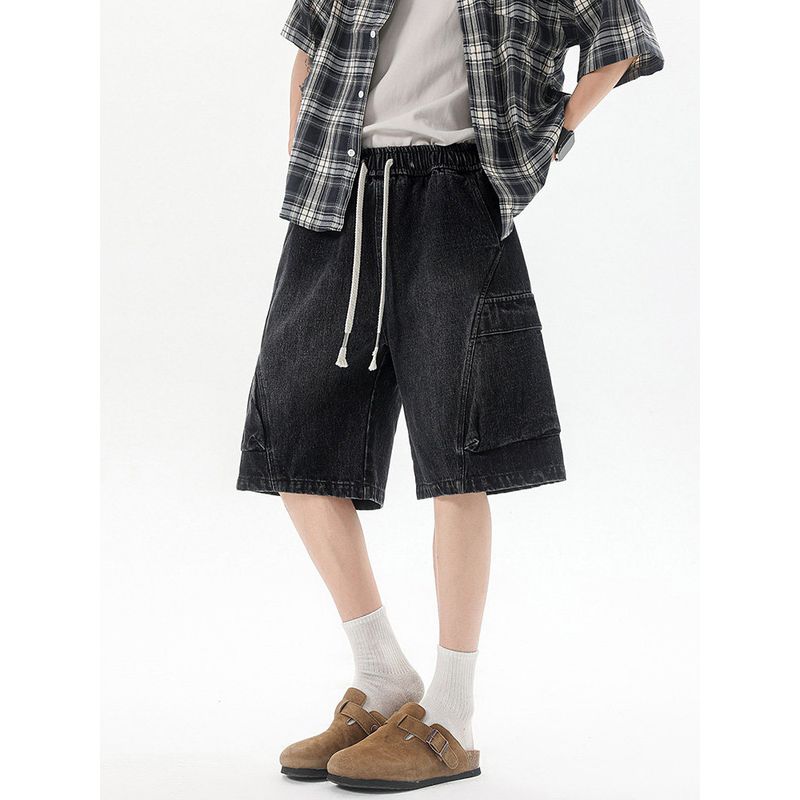 Wassup Trendy Retro Washed Workwear Denim Shorts for Men, Summer Thin American-Style Straight-Leg Men's Five-Point Pants