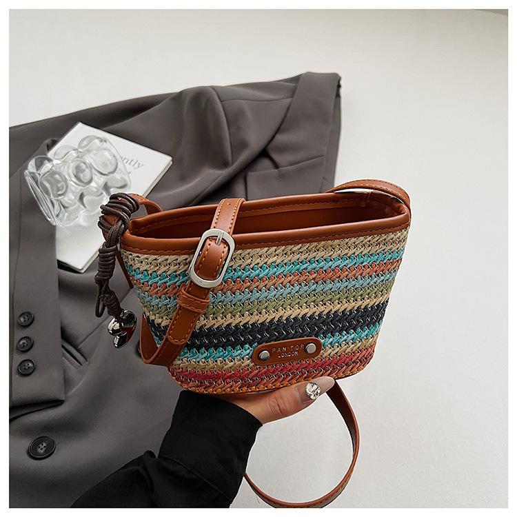 

Rainbow braided bucket bag straw woven daily versatile messenger bag niche design mobile phone bag popular vacation shoulder bag разноцветный