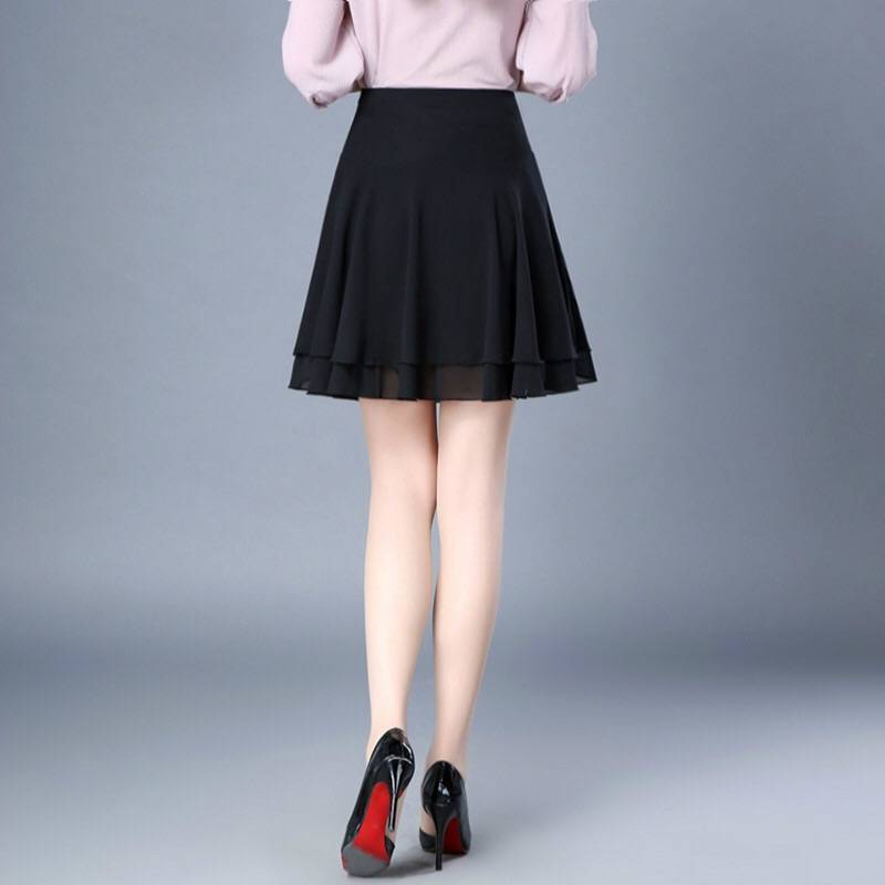 Korean Fashion Women Chiffon Skirts Summer Office Lady All-match Double Layer With Lining Elastic High Waist Black A-line Skirt