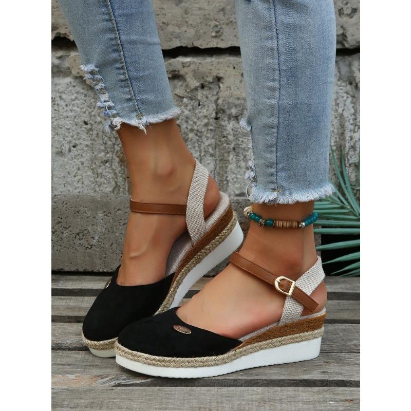 Sommer neuer Taschenkopf hinten leer Keilabsatz Sandalen Damen Hanfseilboden Schnalle dicksohlige Damen Sandalen