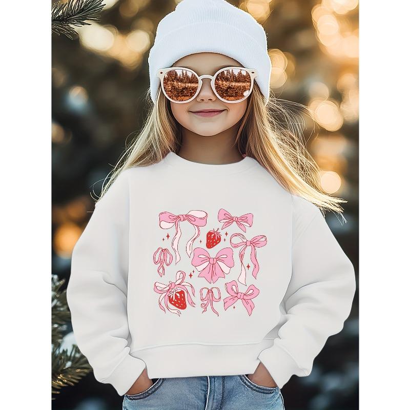 Kids Crewneck Long Sleeve Sweatshirt, Sweet Bow Strawberry Cute Cartoon Print 110 белый