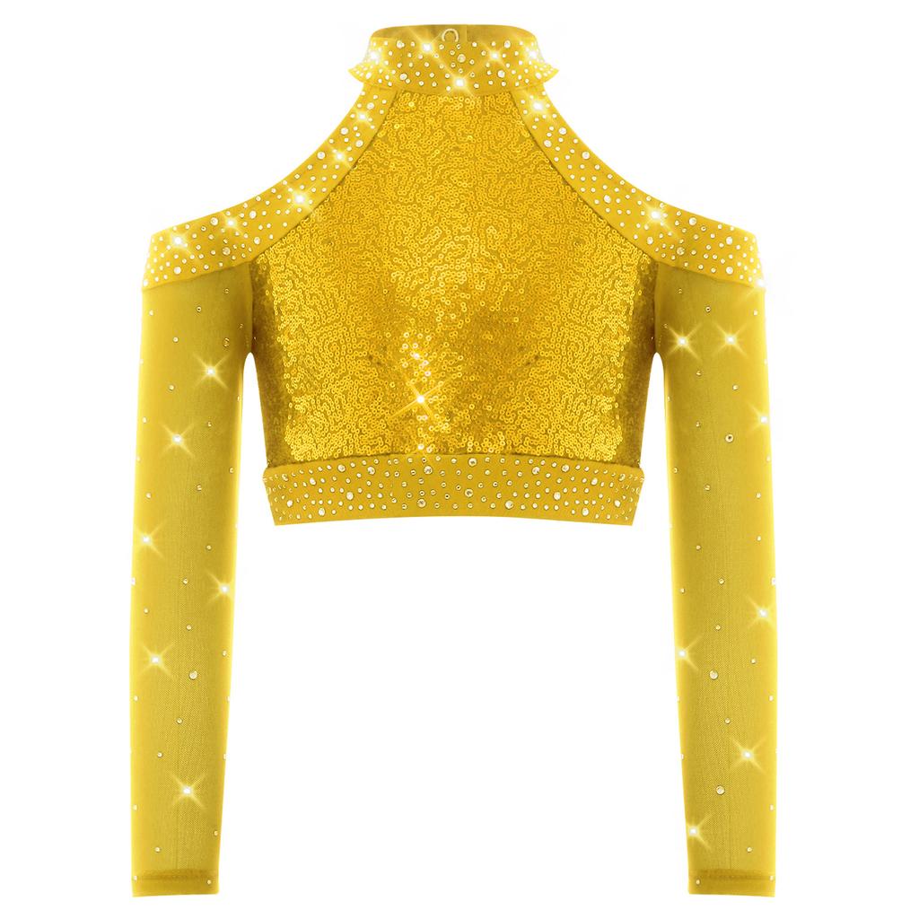 Girls Shiny Sequins Crop Top Long Sleeve Back Neck Press Buttons Closure Dance Shirt
