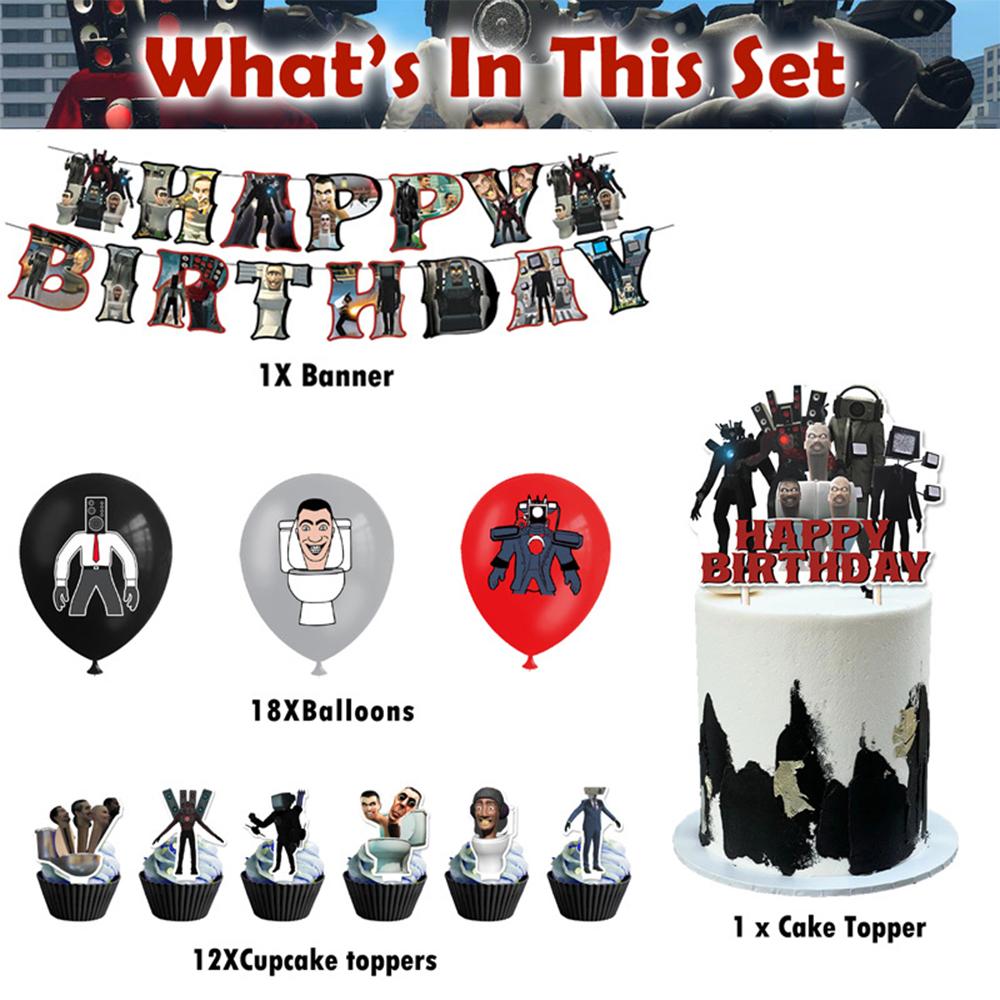 

New 32pcs Skibidi Toilet Party Supplies Including Cake Topper Banner Balloons