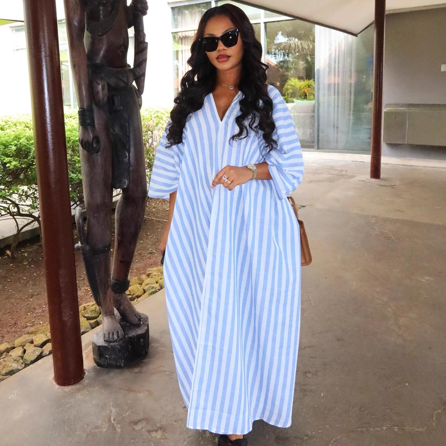 European and American plus-size new lazy style V-neck vertical stripe long dress for women, African chic loose women s long dress S