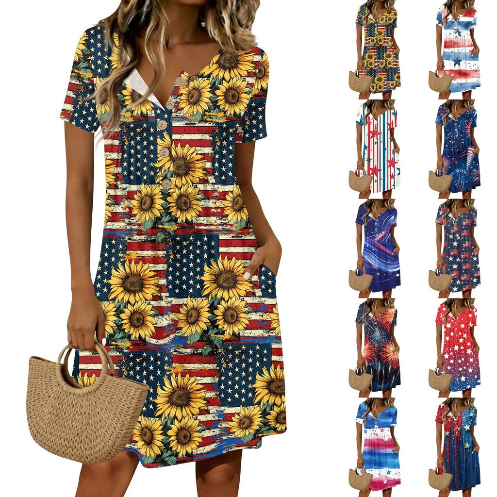Women’s Casual Short Sleeve Button Neck Crewneck Dress with Independence Day Themed Print Loose Fit Comfortable Style