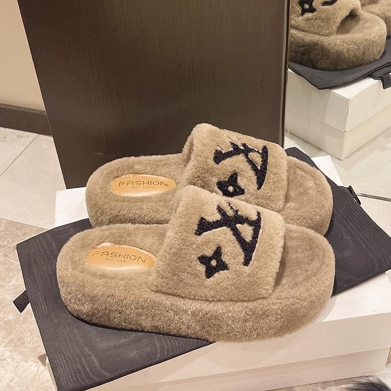 Thick Bottom Heightening Fluffy Slippers Women's Wear 2025 New Autumn and Winter Internet Celebrity Popular Home Fluffy Cotton Slippers
