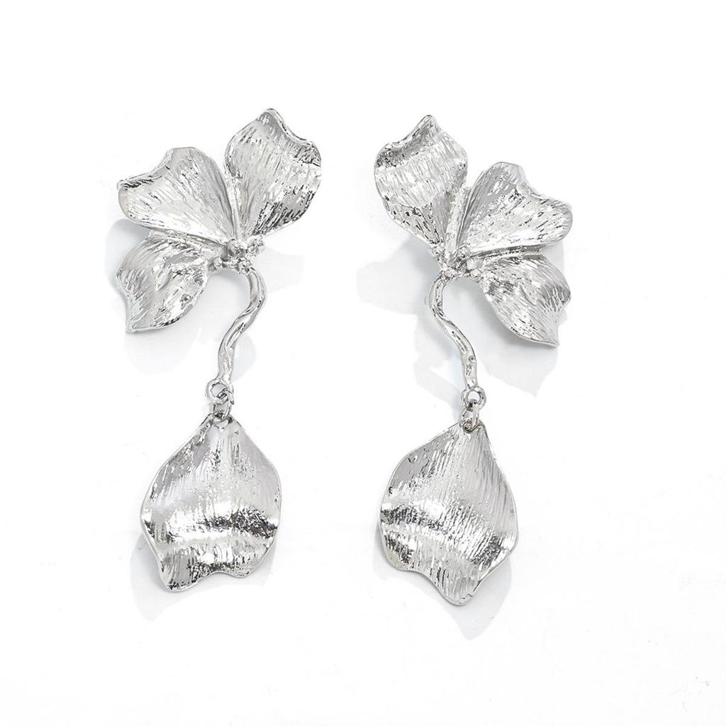 European & American Metallic Floral Stud Earrings - Exaggerated, Three-dimensional, Light Luxury, Double Layer Design