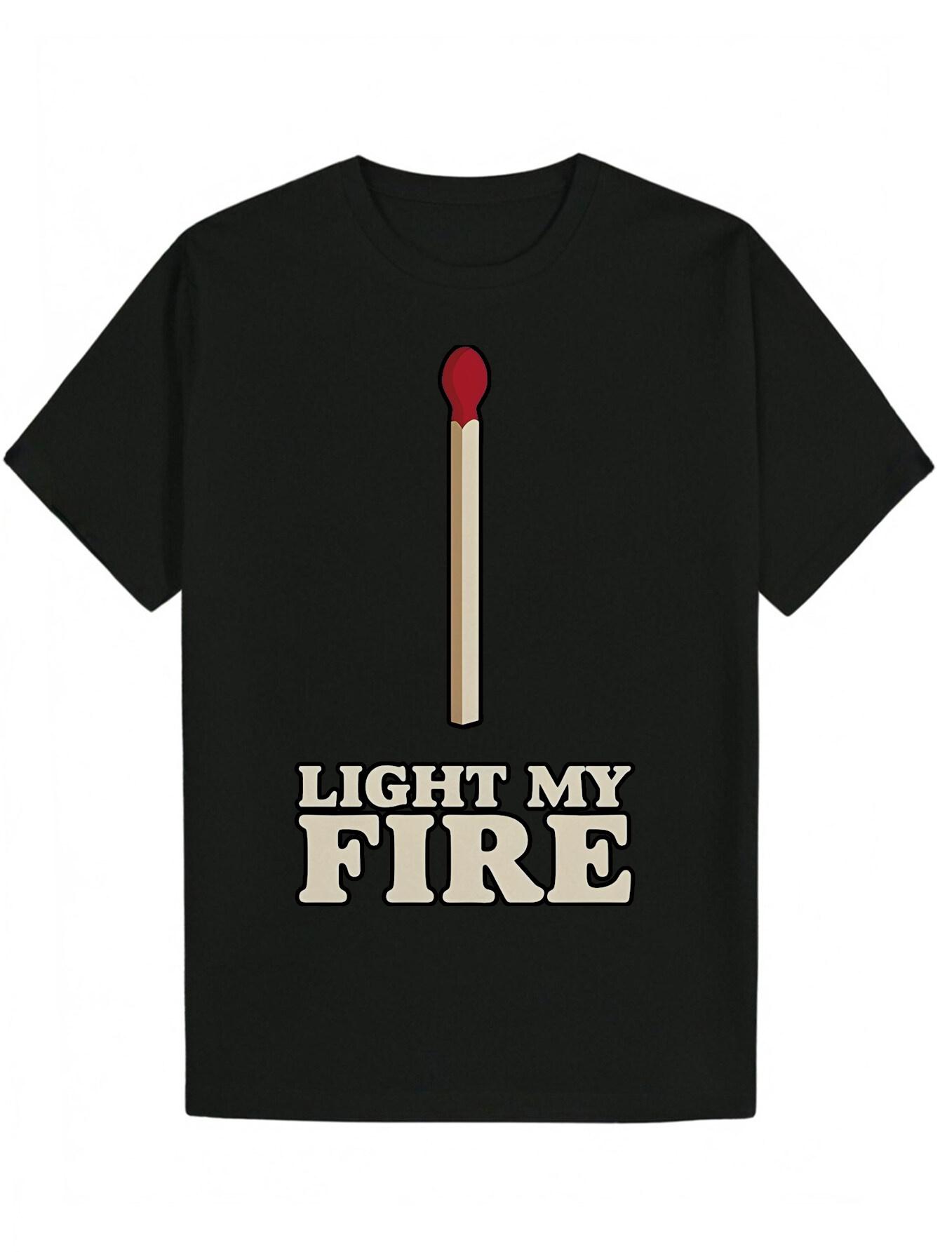 Black Graphic T-shirt - Bold LIGHT MY FIRE Lettering & Red Flame Design XXXL