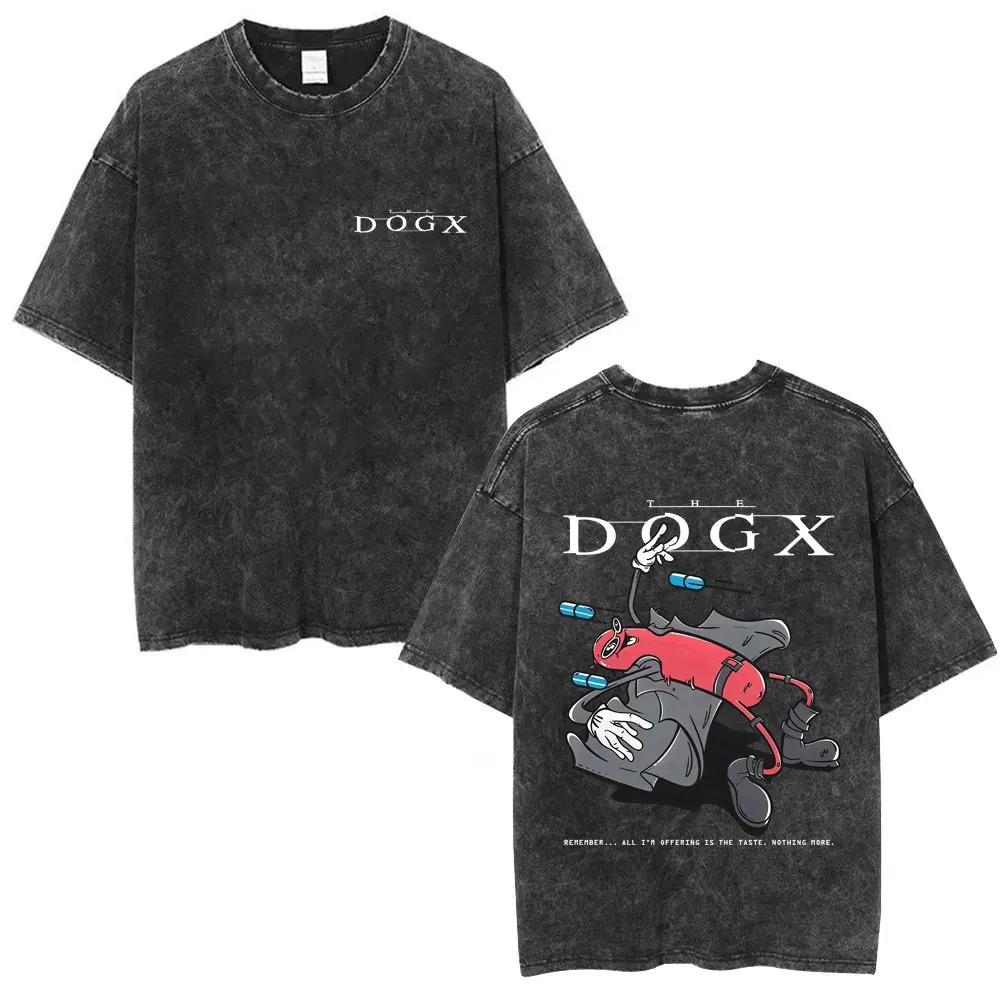 Oversized Acid-Wash Short-Sleeve T-Shirt Featuring DOGFACE Retro Cartoon Sausage Double-Sided Graphic Print
