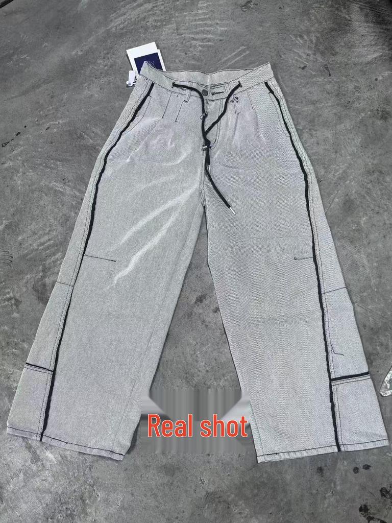 Unisex American Retro Patchwork Wide-Leg Gray and White Jeans - 2025 Summer Casual Loose Fit