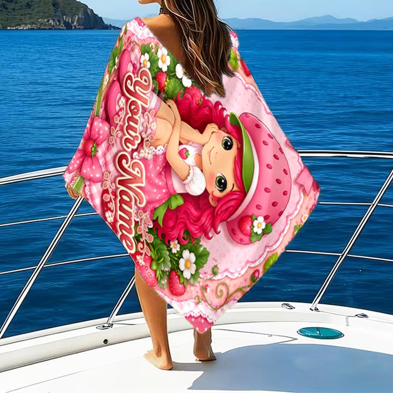 1pc Princess Strawberry Beach Towel with Custom Name, Beach and Seaside Swimming Pool Equipment, Fashion Pattern, Rectangular, Travel Essential