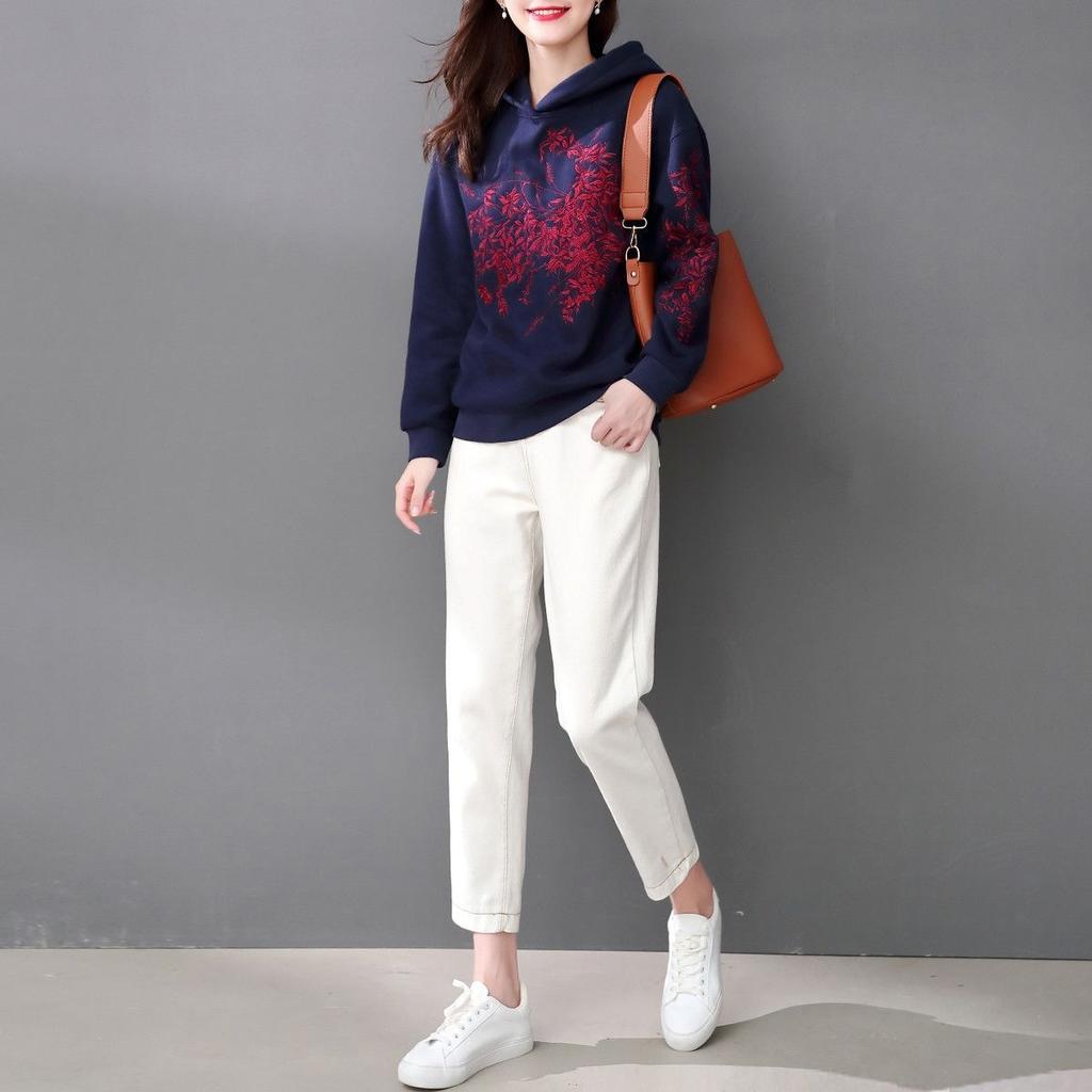 Autumn Winter Pullovers Embroidery Nylon Cotton Women's Clothing Printing Thick Casual Slight Strech Hooded Loose Sweatshirts