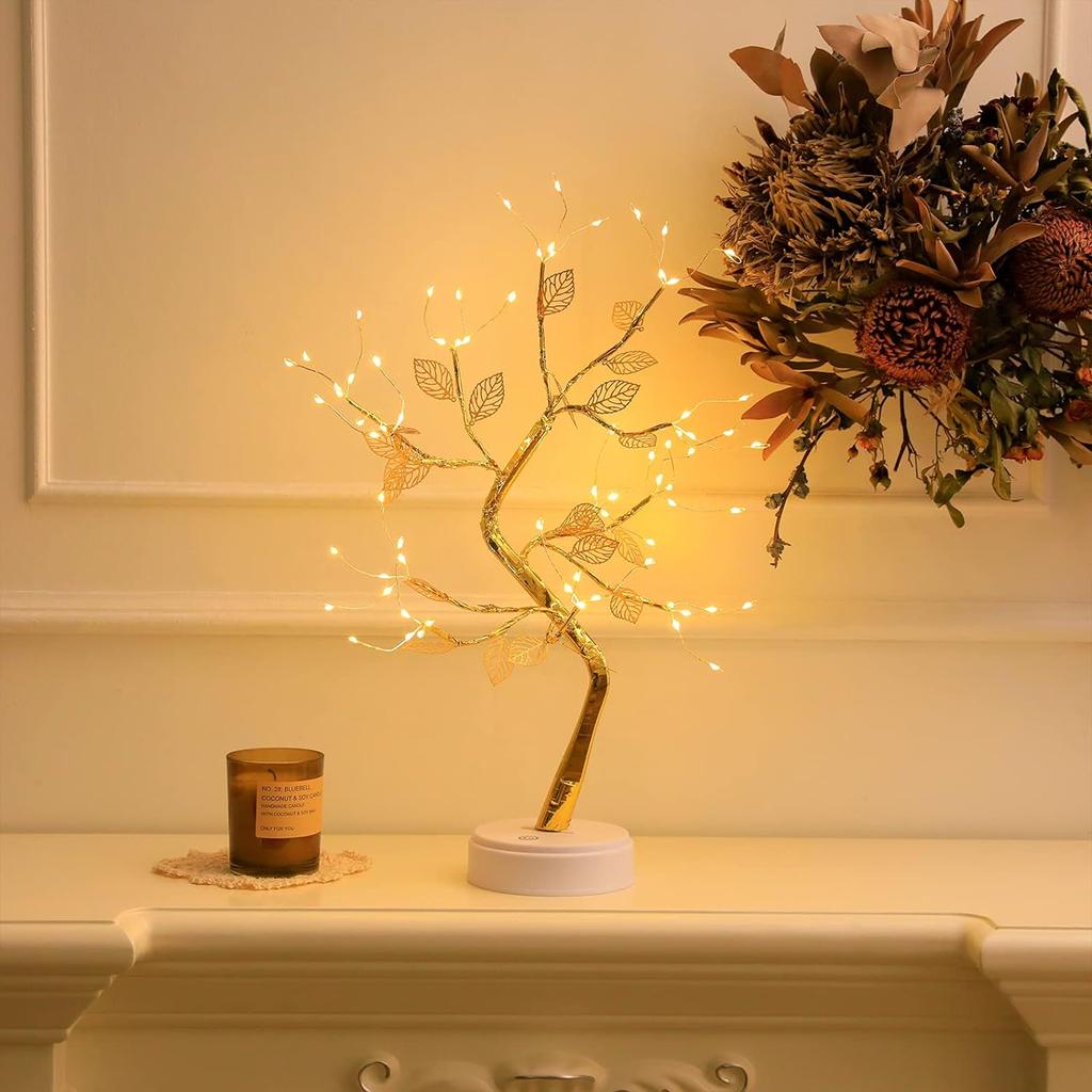 Tabletop Bonsai Tree Lights DIY LED Artificial Tree Lamp Battery/USB Operated Night Light for Room Decor Home 72LED Golden Leaf