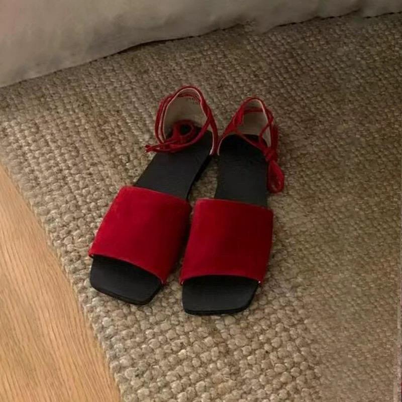 Hochwertiges Schaffellleder Damen Sandale Offene Zehenpartie Quadratische Spitze Elastische Flache Sandalen Designer Sommer Casual Hausschuhe Schuhe