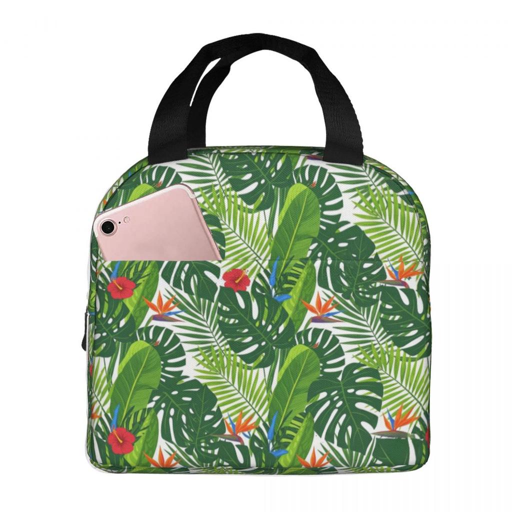 Tropical Green Leaves And Flowers Pattern Insulated Lunch Bag for Women Kids Portable Food Boxes Thermal Lunch Box Tote