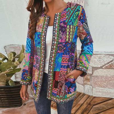 Módní dámy Vintage Etnický tisk Bunda s dlouhým rukávem Bunda Cardigan Top