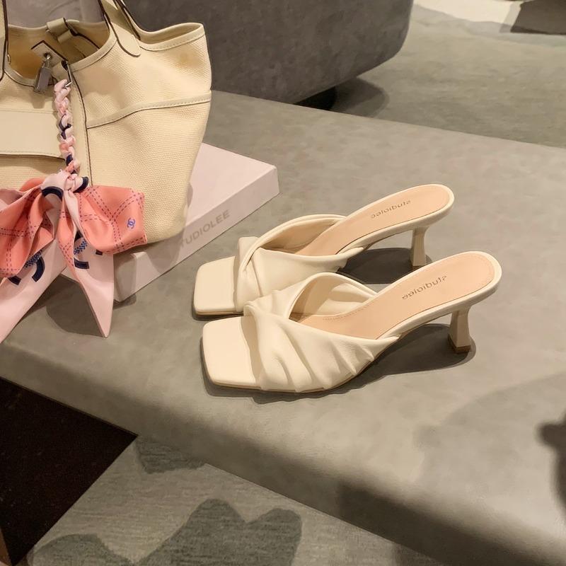 Sheepskin~ 7cm square head pleated one word with half slippers femininity commuter high heel sandals