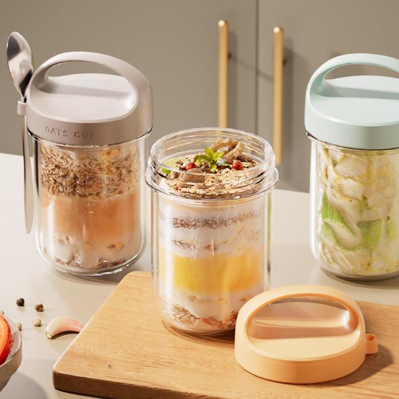 430Ml New Breakfast Cups Oatmeal Cereal Nut Yogurt Salad Cup Leakproof Glass Oats Container With Lid Spoon Food Storage Box
