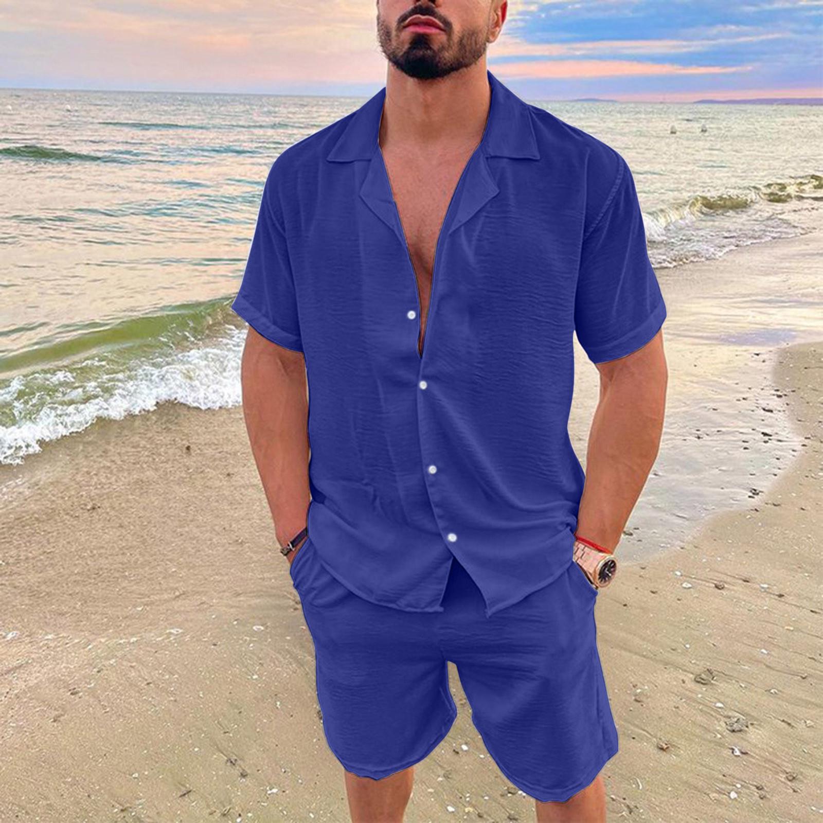 

2023 Hot-selling Men s Cotton-Linen Hawaiian Turn-Down Collar Short Sleeve and Shorts Set M темно-синього кольору