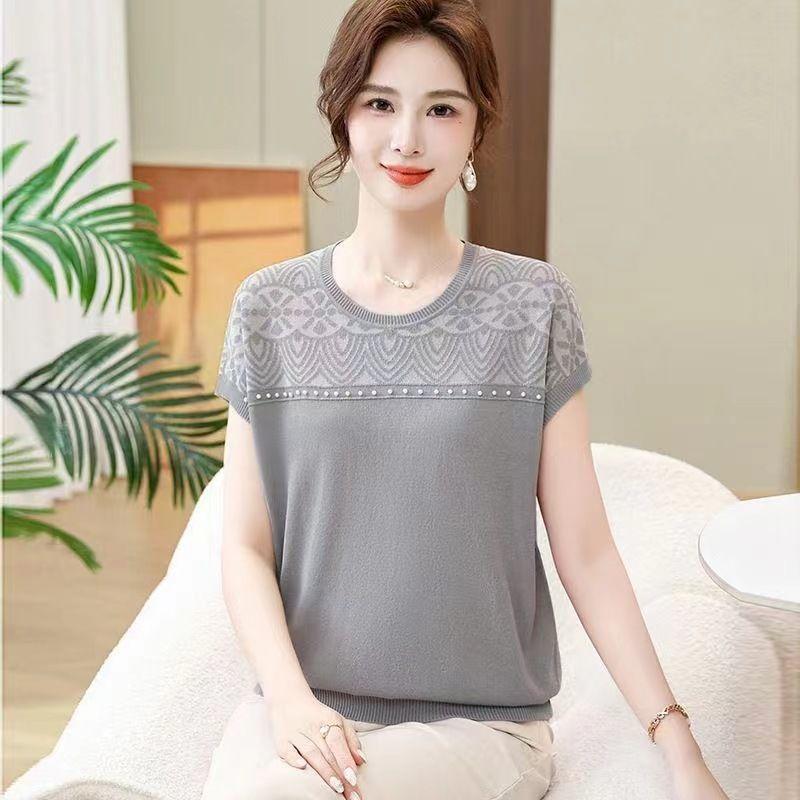 Summer Women's Ice Silk Short Sleeve T-shirt Jacquard Round Neck Loose Casual Mom Outfit Thin Top