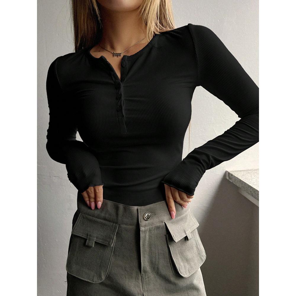 Autumn and Winter New Button-ribbed Slim-fit Knitted Long-sleeved Women's Comfortable Soft Bottoming Shirt