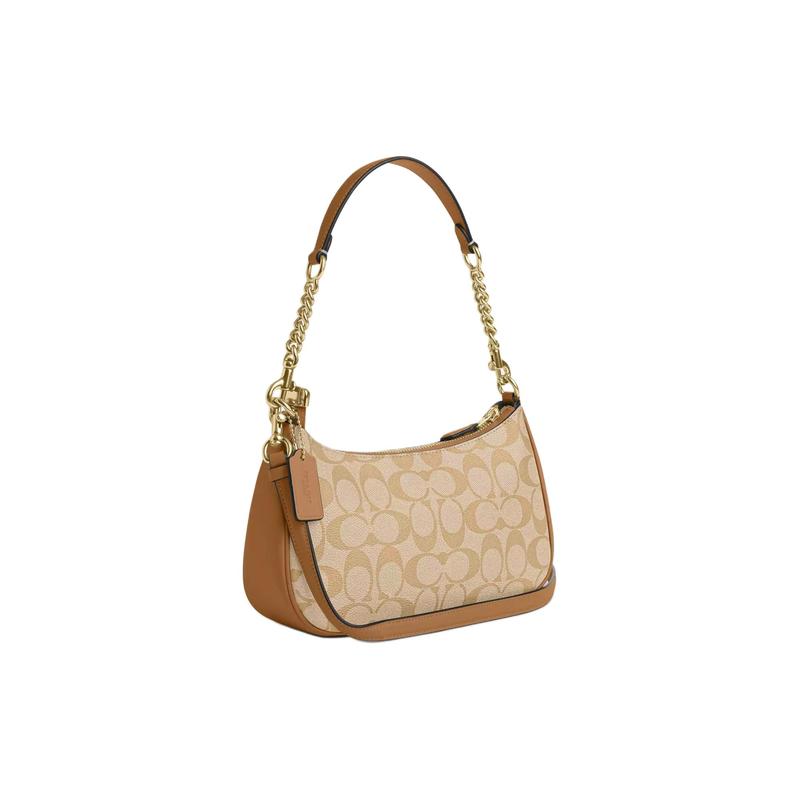 Coach Borsa a tracolla Teri 24 chiusura a zip classica presbiopica, logo firmato, tela e pelle liscia, borsa da mano, taglia media, stile donna