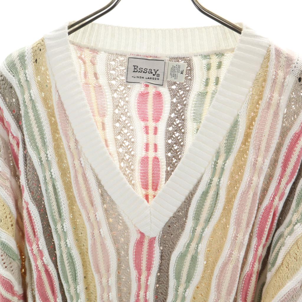 ESSAY 90s Old 3D Knit Long Sleeve V Neck Knit XL White System Men's Used