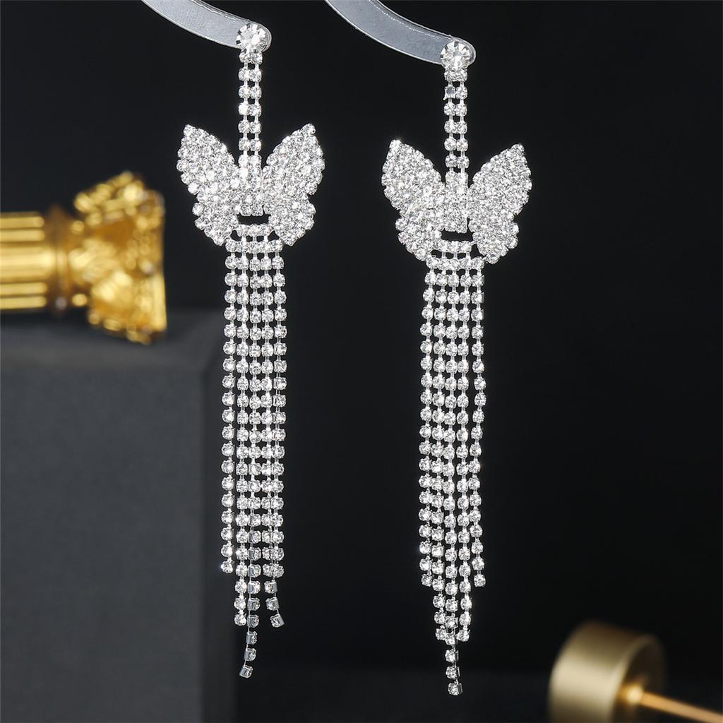 Europe And The United States Style Shiny Rhinestone Bow Shape Earrings Tassel Long Earrings Female Senior Sense Of Temperament Earrings 1 Pair