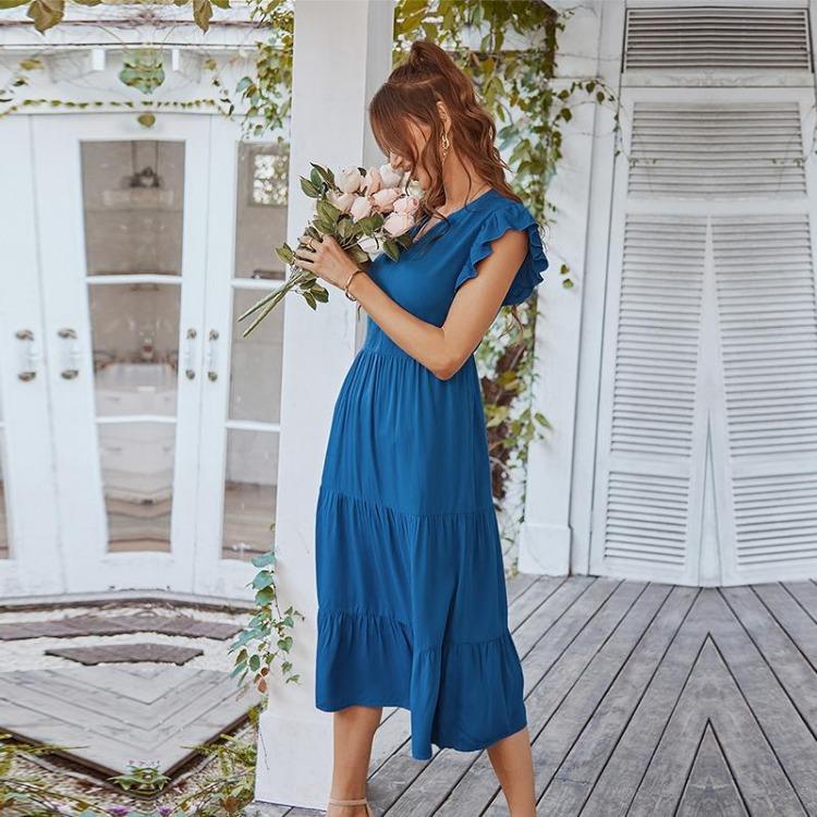 Sexy V-hals A-linjekjole Vår Sommer Ferie Fritid Ensfarget Flygeermer Kjoler S XL
