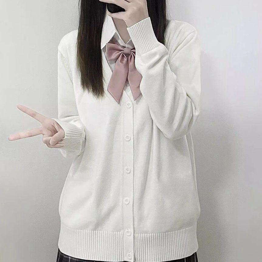 Spring and Autumn JK Sweater Solid Color V-neck Knitted Sweater JK Uniform Cardigan Top Women's Cotton Sweater