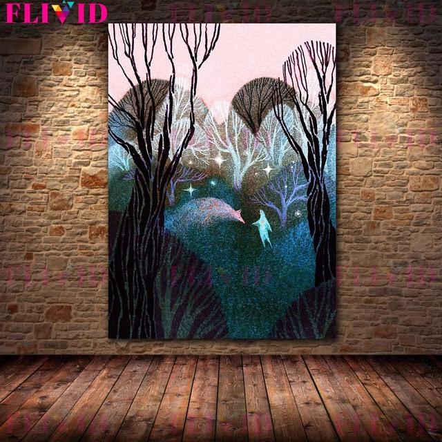 Mysterious and Colorful Magic Forest Vintage Mural Art Oil Painting Three Witches Dancing In the Woodland Poster