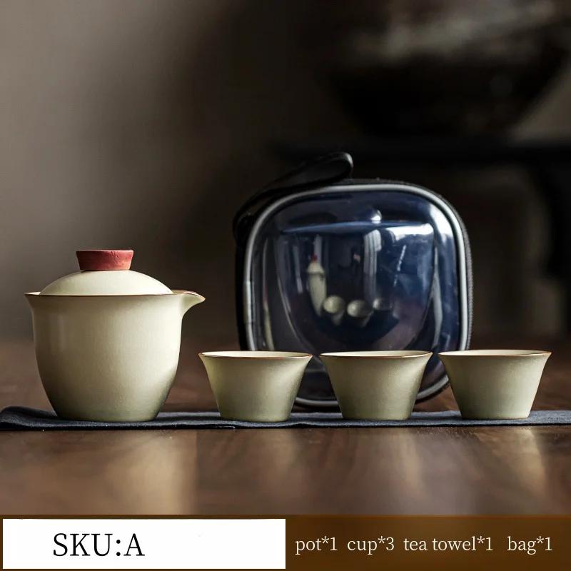 

Ceramic Ru Kiln Travel Tea Set Quick Customer Cup One Pot Three Cups Outdoor Car Portable Kung Fu Tea Set Four-piece Set