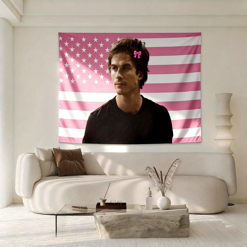 1pc Ian Somerhalder American Flag Ornament Pink Bow Stars Stripes Vintage Patriotic Decor Easy Hanging Bedroom Living Room
