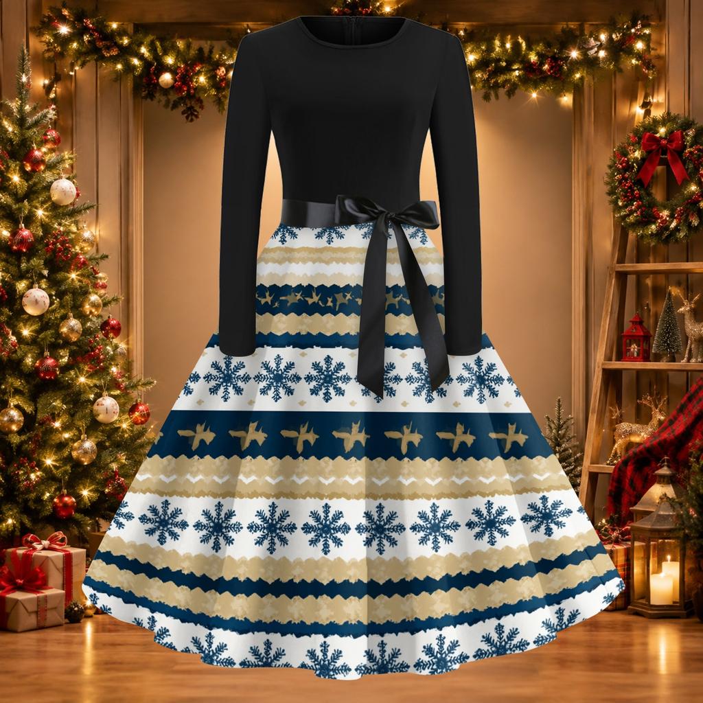 Women's Vintage Christmas Print Round Neck Casual Dress