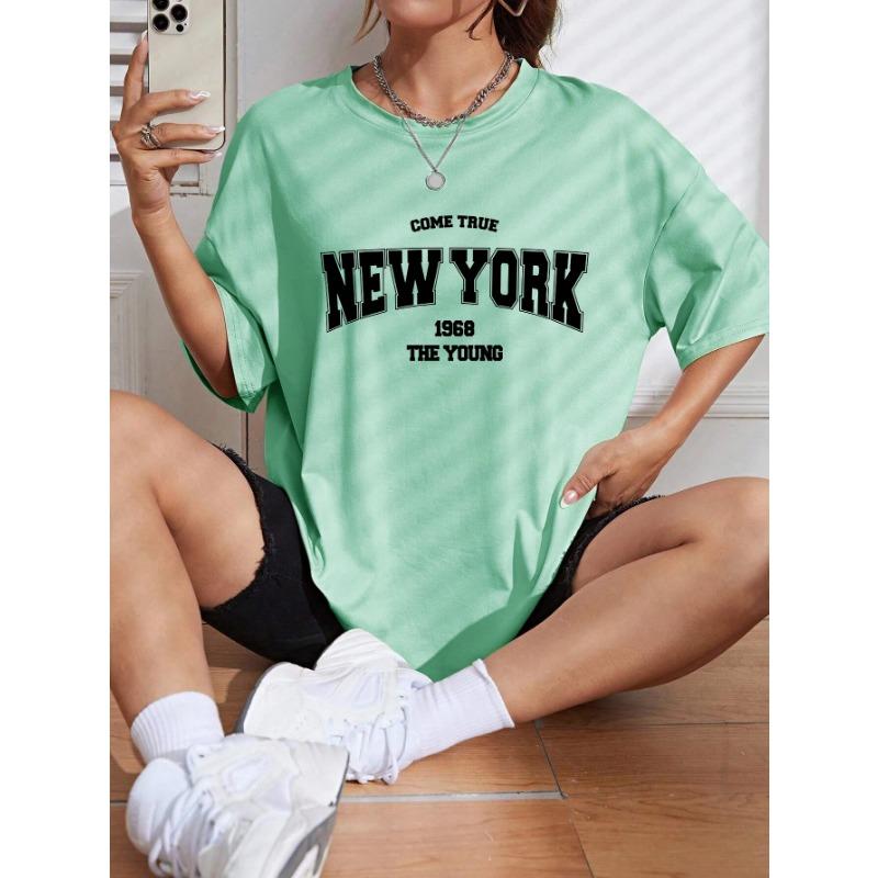 Summer Round Neck "NEW YORK 1968 THE YOUNG" Letter Printed Top Fashionable Casual Pure Cotton Short Sleeved Women's T-shirts