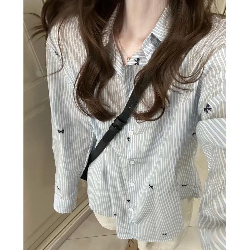 Blue and White Striped Bow-Print Long-Sleeve Shirt for Women - Stylish Early Autumn Mid-Length Top