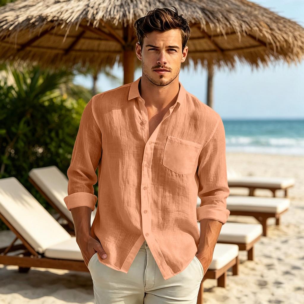 Men's Long Sleeve Button Down Shirt Cotton Linen Casual Front Button Closure Color