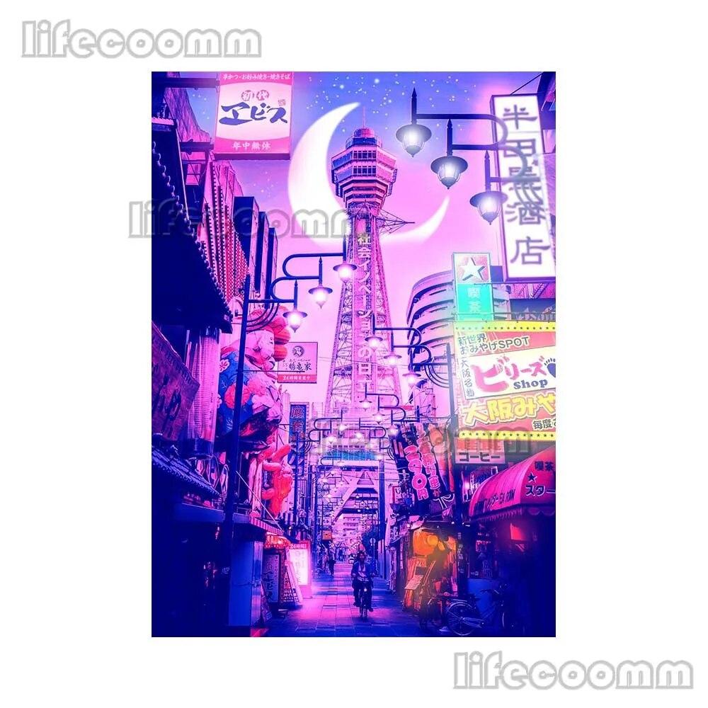 Anime City Neon Night 80s Vaporwave Japan City Street Poster Wall Art Canvas Painting Wall Pictures For Living Room Home Decor No Frame