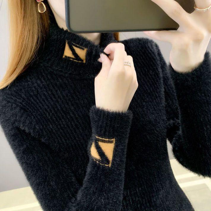 Imitation Mink Velvet Does Not Shed Hair. New Jacquard Slim-fitting Inner Double-layer Collar Turtleneck Knitted Bottoming Sweater for Women