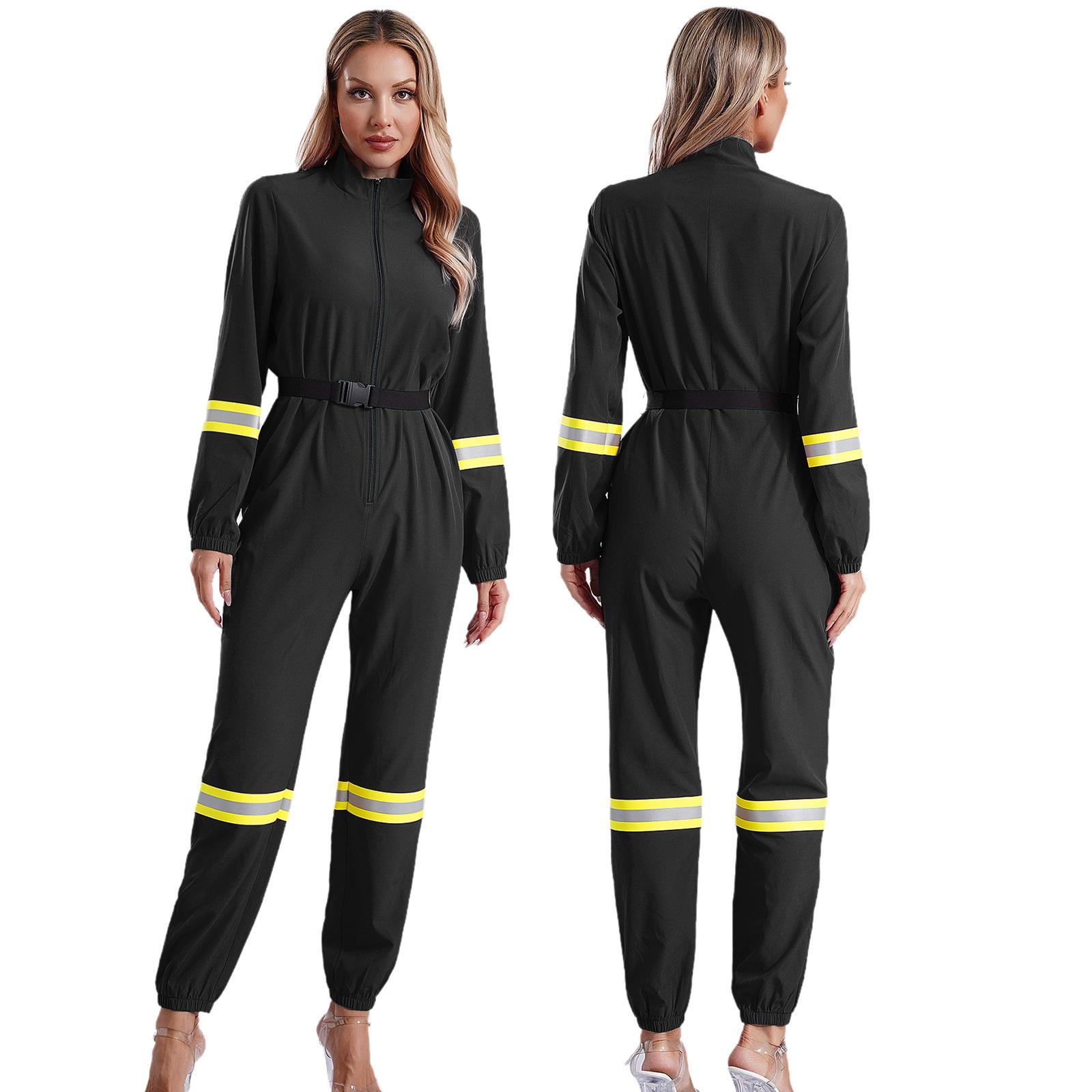 

Women s Firefighter Halloween Costume S-3XL: Belted Romper Jumpsuit with Stand Collar & Front Zipper, Long Sleeve Clubwear L чорний