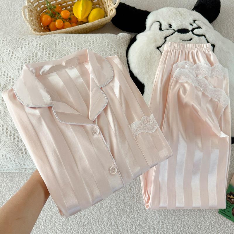 Solid Color Wind Ice Silk Striped Temperament Lace Edge Pajamas Women'S Summer Short-Sleeved Suit Loungewear