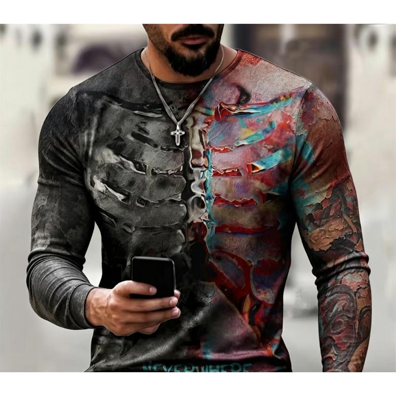 Maglietta da Uomo a Maniche Lunghe Girocollo con Stampa 3D Gabbia Toracica Scheletrica, Top a Maniche Lunghe Casual Streetwear con Grafica Teschio Gotico