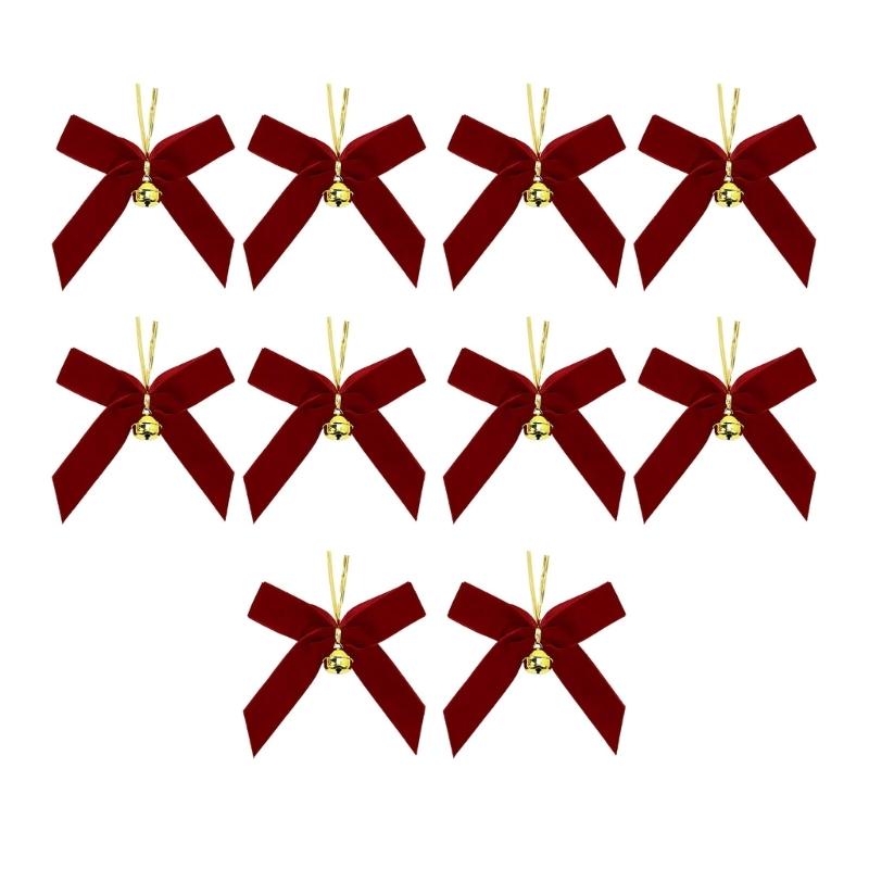 10Pcs Velvety Ribbon Bowknot Ornament with Bell Christmas Tree Hanging Decoration For Wreath Festival Celebration
