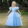 Rochie Albastră de Prințesă Cenușăreasa pentru Fete, Tulle, Mâneci Bufante, Rochie Lungă, Petrecere Copii, Nuntă