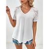 Summer Short Sleeve Hollow Lace V-neck Women Blouse Loose Casual T-shirt Short Sleeved Office Top Loose Fashion Elegant Solid Color Shirt Clothing