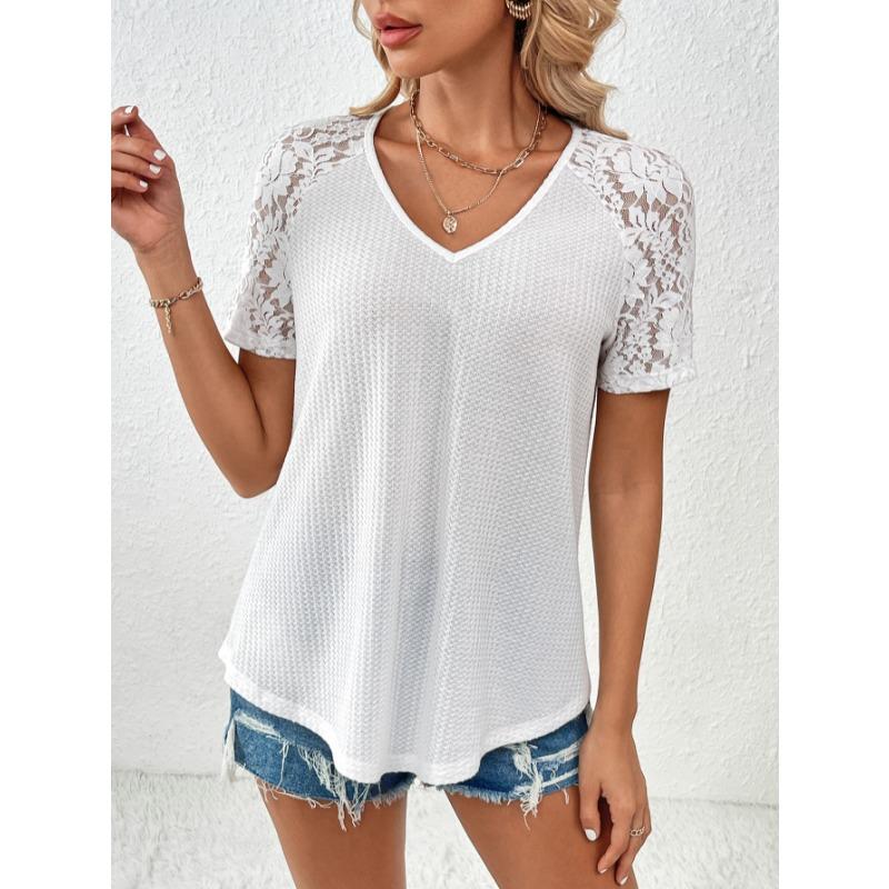 Summer Short Sleeve Hollow Lace V-neck Women Blouse Loose Casual T-shirt Short Sleeved Office Top Loose Fashion Elegant Solid Color Shirt Clothing