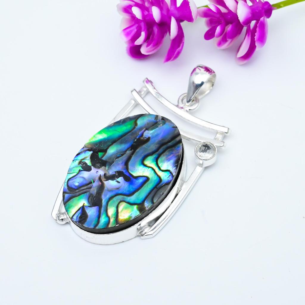 Abalone Shell, White Topaz 925 Solid Sterling Silver Pendant, Handmade Gemstone Pendant Jewelry, Gifts For Wife Brand New Pendant
